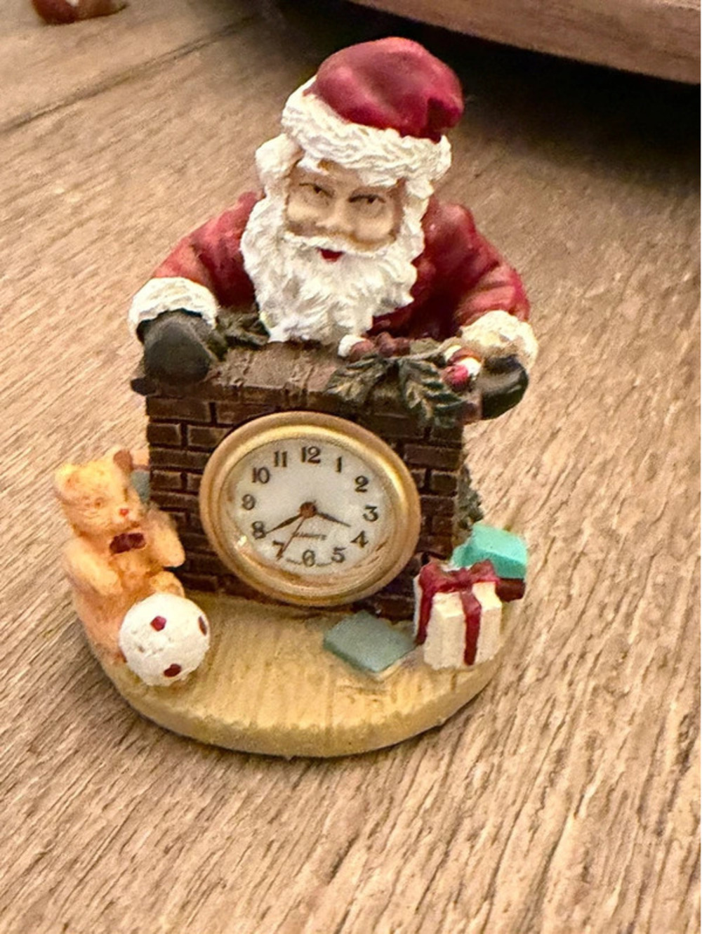 Santa Chimney Clock Figurine with Teddy Bear